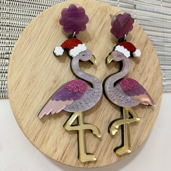 Christmas Earrings - Acrylic Pink Flamingo w Stainless Steel Stud Xmas Festive - Picture 4 of 6